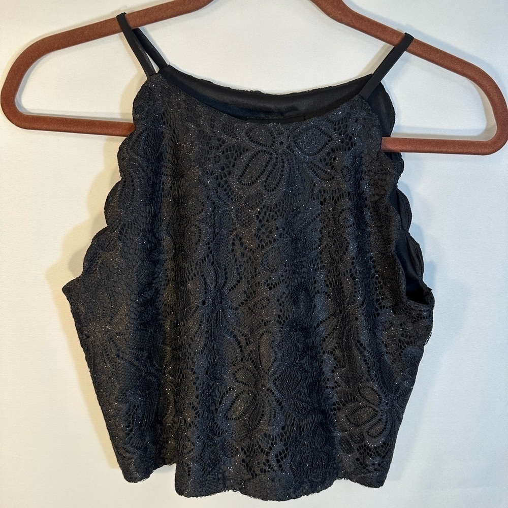 BCX Girl Black Lace Cropped Top Blouse Spaghetti Strap Size 16 Scalloped Lined